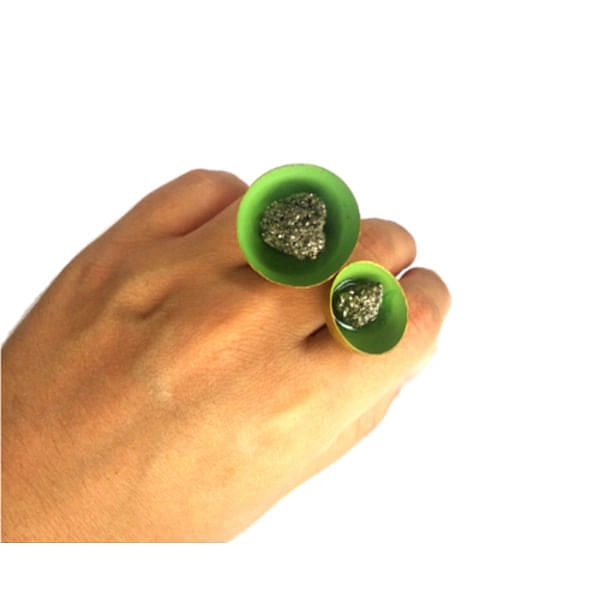 Double pyrite ring statement large green,Buy double pyrite statement ring extra large,green and unique handmade fashion jewelry by greek fashion jewelry designer Aikaterini Chalkiadaki. A jewelry gift for her.