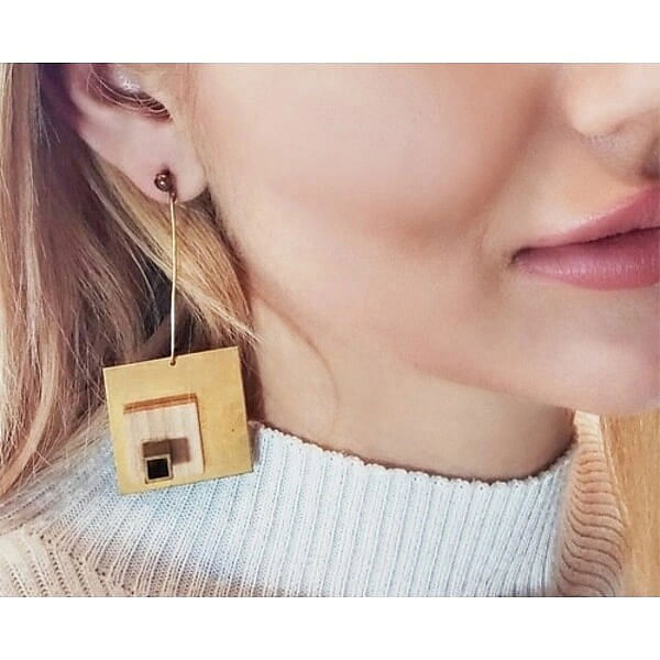 Dangle earrings squares long with wood - 262,Buy dangle earrings squares long with wood, squares earrings, dangle earrings and unique handmade fashion jewelry by greek fashion jewelry designer Aikaterini Chalkiadaki.