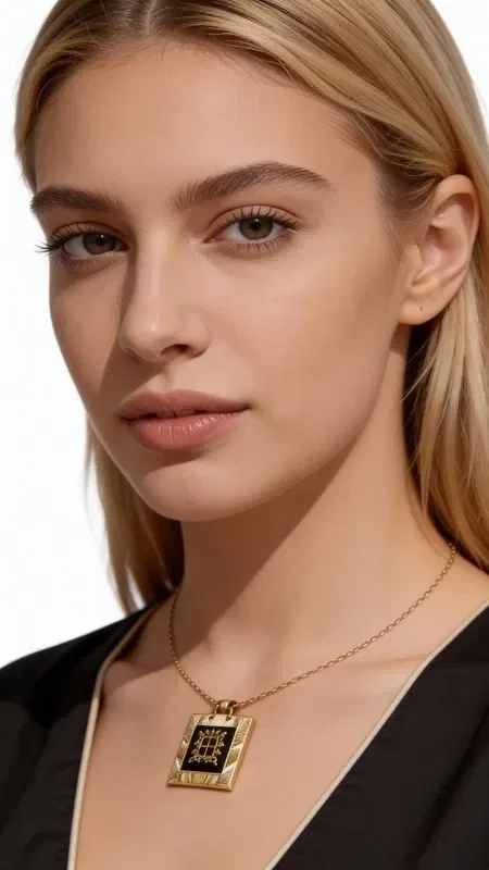 , Discover the perfect balance between traditional craftsmanship and modern style with this striking black embroidered necklace. Designed by Greek Jewelry Designer Aikaterini Chalkiadaki, this unique piece combines geometric patterns embroidered with gold thread, creating a sophisticated color combination.

The statement necklace features a square embroidered surface framed in gold brass, while the black background highlights the golden geometric motifs. The embroidery technique adds texture and depth to the design, making it ideal for women seeking handmade jewelry with a distinctive aesthetic.

The long necklace with its classic brass chain offers comfortable wear and pairs perfectly with monochrome outfits, adding a vintage touch to your look.

Take care of your necklace by storing it in a dry place and avoiding contact with liquids to preserve the beauty of the embroidery.
