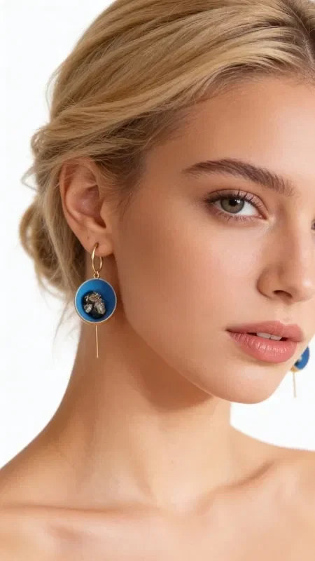 , Discover the magic of blue pyrite dangle earrings, a striking piece of jewelry that combines the natural beauty of pyrite with contemporary Greek craftsmanship. Designed by Greek Jewelry Designer Aikaterini Chalkiadaki, this handmade jewel is the perfect choice for the woman seeking uniqueness and style.

Each earring features an impressive oval-shaped pyrite stone in a beautiful sky-blue hue with golden highlights, creating a mesmerizing play of light. The combination of matte blue with chalky tones and brass offers a modern aesthetic that suits both everyday and formal looks.

The stud earrings are lightweight and comfortable to wear, while their length adds movement and elegance to any outfit. Ideal for weddings, evening outings, or as a statement piece for everyday wear.