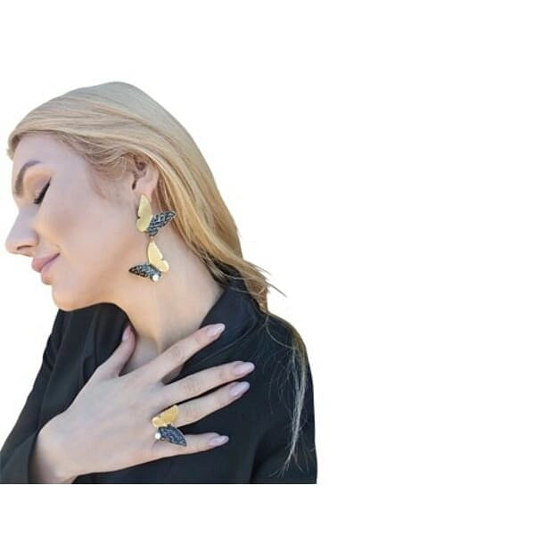 Statement long earrings dangle butterfly with pearls - 4637,Buy statement dangle earrings butterfly with pearls and unique handmade fashion jewelry by greek fashion jewelry designer Aikaterini Chalkiadaki. A jewelry gift for her.