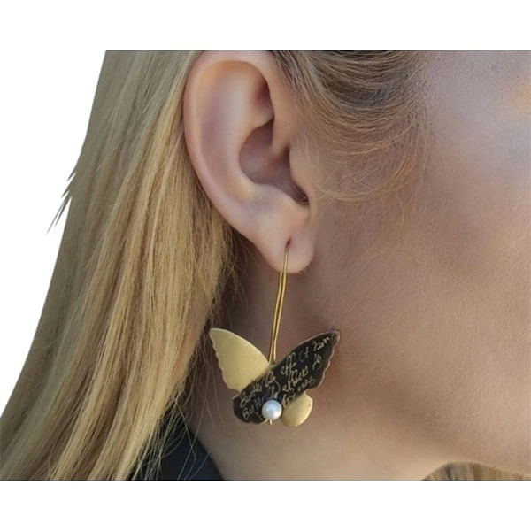 Dangle earrings butterfly with freshwater pearls - 4661,Buy handmade dangle earrings long with freshwater pearl and unique handmade fashion jewelry by greek fashion jewelry designer Aikaterini Chalkiadaki. A jewelry gift for her.