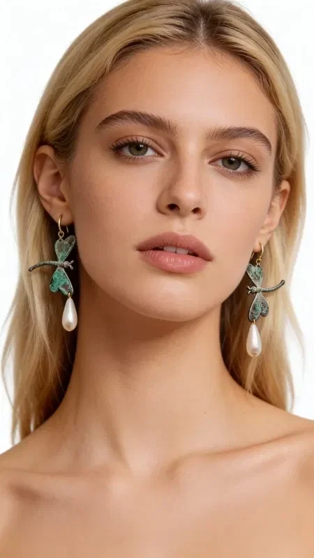 , Discover the magic of nature with these striking dragonfly dangle earrings, designed by Greek Jewelry Designer Aikaterini Chalkiadaki. These unique handmade jewelry pieces combine the elegance of natural pearls with the bohemian aesthetic of oxidized brass.

Each dragonfly has been crafted with absolute attention to detail, featuring beautiful shades of green that create a vintage patina effect. The natural pearls that hang gracefully at the bottom add a touch of luxury and femininity, while the handmade character makes every pair unique.

These statement earrings are perfect for special occasions, boho chic looks, or as the ideal bridal accessory for an alternative bride who loves originality.