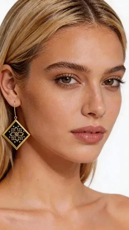 , The statement embroidered earrings with geometric patterns in gold thread on a black background are the perfect choice for every woman looking for striking and unique jewelry. Designed by Greek Jewelry Designer Aikaterini Chalkiadaki, these handmade earrings combine the traditional art of embroidery with contemporary geometric design.

Each earring features a square shape with intricate gold embroidery forming refined geometric motifs on a black base. The gold thread creates beautiful reflections of light, adding shine and elegance to every movement. These dangle earrings have an ideal size to make a statement without being excessive.

These modern earrings are ideal for special occasions, weddings, evening outings, and also for adding a touch of elegance to your everyday look. They pair perfectly with black, gold, or bold colors.

Material: Brass, Fabric

Take care of your embroidered earrings by storing them in a dry place and avoiding contact with perfumes and cosmetics.