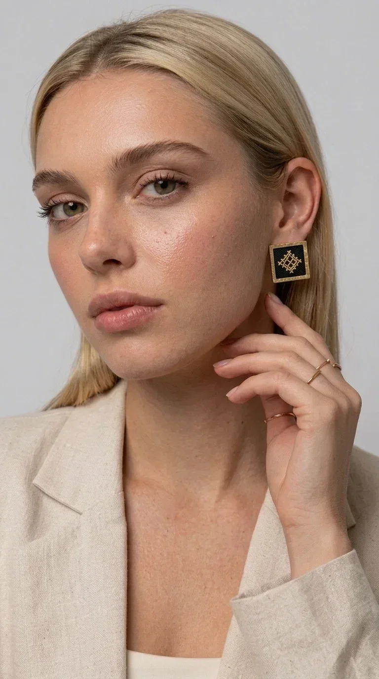 , Embroidered statement earrings with geometric patterns are the ideal choice for anyone who wants to add a touch of individuality and character to their look. The square black fabric with gold embroidered details in a diamond-shaped geometric motif creates a striking result that combines the traditional art of embroidery with modern design. Designed by Greek Jewelry Designer Aikaterini Chalkiadaki, these handmade earrings are a piece with a strong aesthetic identity that evokes folk tradition.

Made of brass and fabric, these earrings combine two materials with different textures and character. The gold brass frame surrounds the black fabric square, while the embroidered geometric pattern gives depth and richness to the composition. The result is a stud earring that is comfortable to wear and automatically becomes the focal point of any look.

They suit both casual and formal looks equally well — from a simple linen jacket to an evening outfit. Also ideal as a gift for women who love unique, handmade jewelry with a Greek aesthetic.