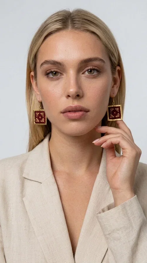 , These embroidered statement earrings in deep burgundy are the perfect choice for those seeking jewelry with character, combining the traditional art of embroidery with contemporary aesthetics.

Designed by Greek Jewelry Designer Aikaterini Chalkiadaki, these handmade earrings feature a square brass frame in gold tone, with a finely detailed embossed surface that highlights their premium quality. Inside, deep red fabric in a burgundy shade is adorned with geometric cross-stitch embroidery designs — a nod to folk tradition that takes on a modern, urban character.

These dangle earrings pair equally well with casual and formal outfits, from everyday looks to appearances at weddings, christenings, or corporate events. Their burgundy color makes them ideal for autumn and winter looks, while their statement aesthetic guarantees they won't go unnoticed.