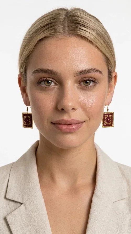 , These embroidered statement earrings in deep burgundy are the perfect choice for those seeking jewelry with character, combining the traditional art of embroidery with contemporary aesthetics.

Designed by Greek Jewelry Designer Aikaterini Chalkiadaki, these handmade earrings feature a square brass frame in gold tone, with a finely detailed embossed surface that highlights their premium quality. Inside, deep red fabric in a burgundy shade is adorned with geometric cross-stitch embroidery designs — a nod to folk tradition that takes on a modern, urban character.

These dangle earrings pair equally well with casual and formal outfits, from everyday looks to appearances at weddings, christenings, or corporate events. Their burgundy color makes them ideal for autumn and winter looks, while their statement aesthetic guarantees they won't go unnoticed.