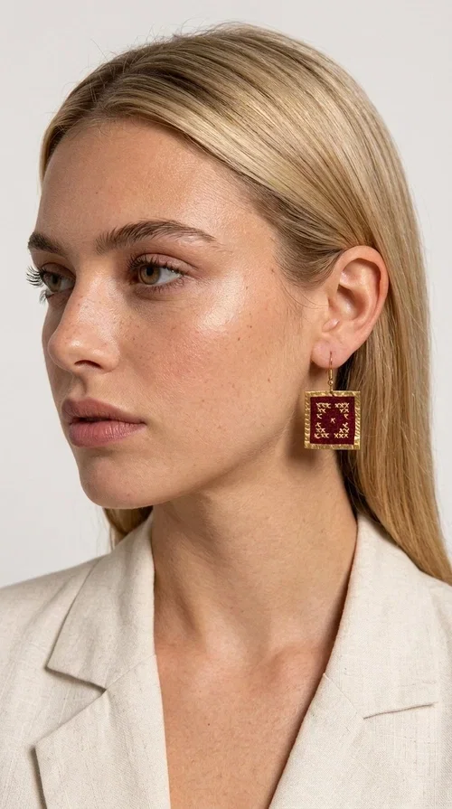 , These embroidered statement earrings in deep burgundy are the perfect choice for those seeking jewelry with character, combining the traditional art of embroidery with contemporary aesthetics.

Designed by Greek Jewelry Designer Aikaterini Chalkiadaki, these handmade earrings feature a square brass frame in gold tone, with a finely detailed embossed surface that highlights their premium quality. Inside, deep red fabric in a burgundy shade is adorned with geometric cross-stitch embroidery designs — a nod to folk tradition that takes on a modern, urban character.

These dangle earrings pair equally well with casual and formal outfits, from everyday looks to appearances at weddings, christenings, or corporate events. Their burgundy color makes them ideal for autumn and winter looks, while their statement aesthetic guarantees they won't go unnoticed.