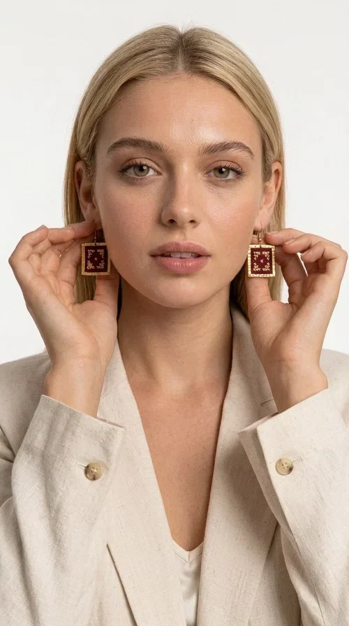 , These embroidered statement earrings in deep burgundy are the perfect choice for those seeking jewelry with character, combining the traditional art of embroidery with contemporary aesthetics.

Designed by Greek Jewelry Designer Aikaterini Chalkiadaki, these handmade earrings feature a square brass frame in gold tone, with a finely detailed embossed surface that highlights their premium quality. Inside, deep red fabric in a burgundy shade is adorned with geometric cross-stitch embroidery designs — a nod to folk tradition that takes on a modern, urban character.

These dangle earrings pair equally well with casual and formal outfits, from everyday looks to appearances at weddings, christenings, or corporate events. Their burgundy color makes them ideal for autumn and winter looks, while their statement aesthetic guarantees they won't go unnoticed.
