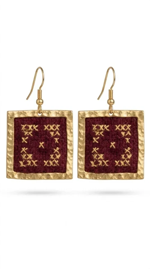 , These embroidered statement earrings in deep burgundy are the perfect choice for those seeking jewelry with character, combining the traditional art of embroidery with contemporary aesthetics.

Designed by Greek Jewelry Designer Aikaterini Chalkiadaki, these handmade earrings feature a square brass frame in gold tone, with a finely detailed embossed surface that highlights their premium quality. Inside, deep red fabric in a burgundy shade is adorned with geometric cross-stitch embroidery designs — a nod to folk tradition that takes on a modern, urban character.

These dangle earrings pair equally well with casual and formal outfits, from everyday looks to appearances at weddings, christenings, or corporate events. Their burgundy color makes them ideal for autumn and winter looks, while their statement aesthetic guarantees they won't go unnoticed.