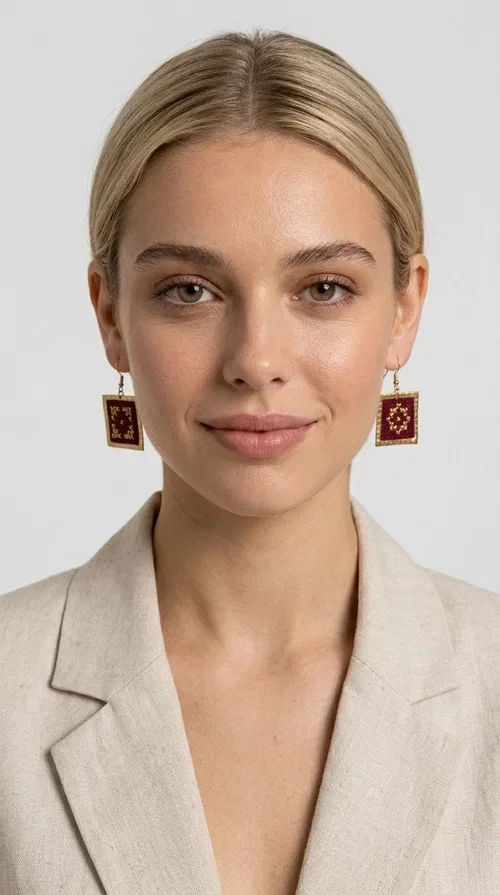 , Embroidered statement earrings with geometric designs in deep burgundy are the ideal choice for every woman who wants to express herself through her jewelry. Designed by Greek Jewelry Designer Aikaterini Chalkiadaki, these handmade earrings combine the traditional art of embroidery with a modern, striking aesthetic that stands out.

The square shape in golden brass frames an embroidered fabric in a rich burgundy color, with detailed geometric motifs reminiscent of folklore tradition. The gold threads of the embroidery create a warm contrast with the deep red background, lending an air of boho-folk elegance. The delicate pendant connection ensures comfortable wear and graceful movement.

Ideal for weddings, christenings, festive dinners, and also for elevating an everyday outfit, these earrings pair perfectly with linen, velvet, or solid-colored clothing. Burgundy is a timeless color that pairs especially well with earthy tones, beige, and gold.