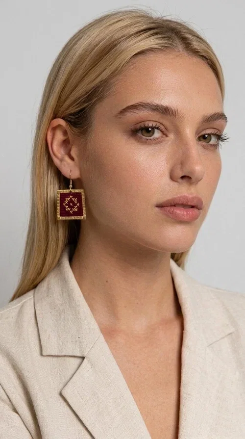 , Embroidered statement earrings with geometric designs in deep burgundy are the ideal choice for every woman who wants to express herself through her jewelry. Designed by Greek Jewelry Designer Aikaterini Chalkiadaki, these handmade earrings combine the traditional art of embroidery with a modern, striking aesthetic that stands out.

The square shape in golden brass frames an embroidered fabric in a rich burgundy color, with detailed geometric motifs reminiscent of folklore tradition. The gold threads of the embroidery create a warm contrast with the deep red background, lending an air of boho-folk elegance. The delicate pendant connection ensures comfortable wear and graceful movement.

Ideal for weddings, christenings, festive dinners, and also for elevating an everyday outfit, these earrings pair perfectly with linen, velvet, or solid-colored clothing. Burgundy is a timeless color that pairs especially well with earthy tones, beige, and gold.