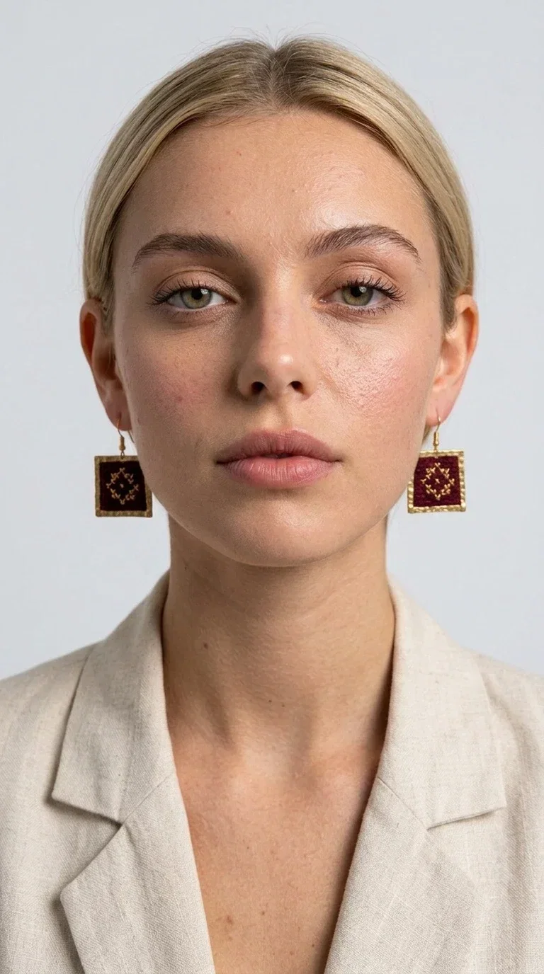 , Embroidered statement earrings with geometric designs in deep burgundy are the ideal choice for every woman who wants to express herself through her jewelry. Designed by Greek Jewelry Designer Aikaterini Chalkiadaki, these handmade earrings combine the traditional art of embroidery with a modern, striking aesthetic that stands out.

The square shape in golden brass frames an embroidered fabric in a rich burgundy color, with detailed geometric motifs reminiscent of folklore tradition. The gold threads of the embroidery create a warm contrast with the deep red background, lending an air of boho-folk elegance. The delicate pendant connection ensures comfortable wear and graceful movement.

Ideal for weddings, christenings, festive dinners, and also for elevating an everyday outfit, these earrings pair perfectly with linen, velvet, or solid-colored clothing. Burgundy is a timeless color that pairs especially well with earthy tones, beige, and gold.