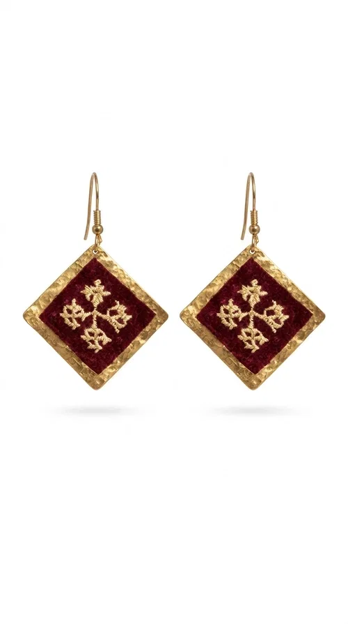 , Embroidered statement earrings with geometric patterns in deep burgundy are the ideal choice for every woman who wants to express herself through her style — with character, color, and a distinctive handmade aesthetic.

Designed by Greek Jewelry Designer Aikaterini Chalkiadaki, these striking dangle earrings combine brass and fabric in a rhombus shape reminiscent of folklore aesthetics and Byzantine tradition. The embroidered floral motif at the center — in golden hues against a deep burgundy background — gives the piece a vintage, boho-chic dimension that suits wedding events, evening outings, and everyday fashion looks alike.

The brass frame with its finely worked gold-toned surface highlights the embroidered fabric, creating a jewel that seems to come from another era — without losing its modern appeal. Lightweight on the ear, hanging from a hook, they pair well with both casual and formal styles, from a linen jacket to an evening dress.