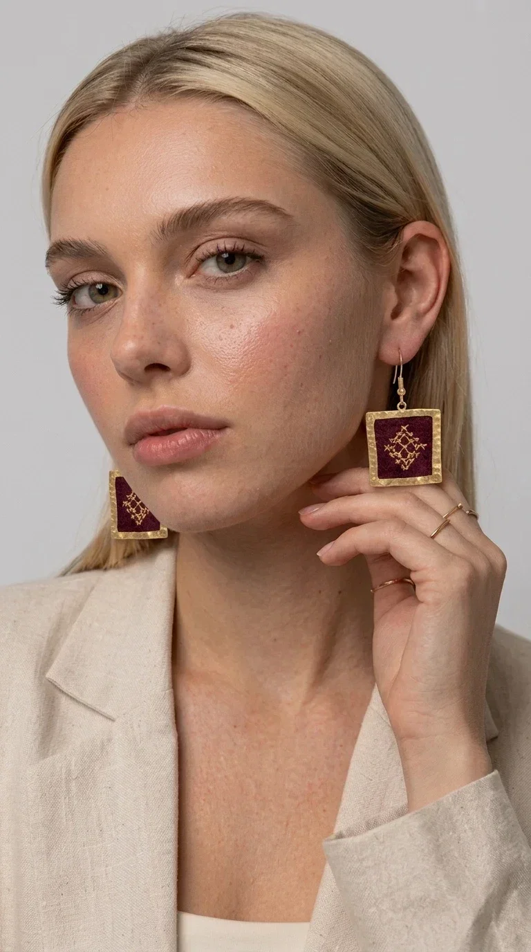 , Embroidered statement earrings in deep burgundy are the ideal choice for every woman looking for jewelry with character and a unique aesthetic. With a square shape and delicate geometric embroidered details in gold, they combine the traditional art of embroidery with a completely modern result — creating a piece of jewelry that stands out.

Designed by Greek Jewelry Designer Aikaterini Chalkiadaki, these handmade earrings are crafted from brass and embroidered fabric, achieving a beautiful combination of materials that evokes a folk aesthetic. The geometric motifs on the embroidered section exude folklore charm, while the golden brass metal frame gives structure and balance to the overall design.

The burgundy embroidered dangle earrings are perfect for evening and formal occasions, such as weddings, christenings and festive events, while also instantly elevating a casual look. The rich burgundy tone makes them especially flattering for all skin tones.