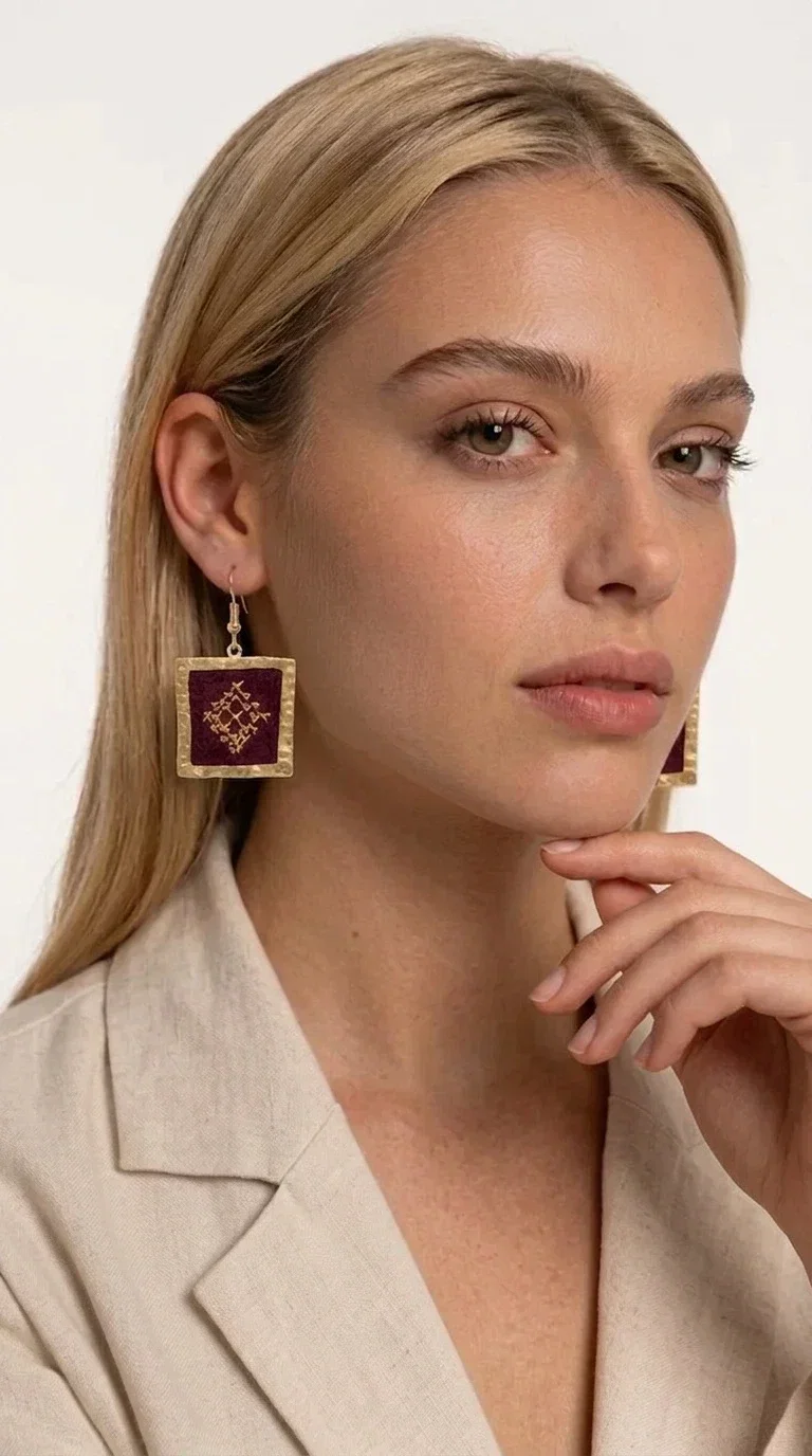 , Embroidered statement earrings in deep burgundy are the ideal choice for every woman looking for jewelry with character and a unique aesthetic. With a square shape and delicate geometric embroidered details in gold, they combine the traditional art of embroidery with a completely modern result — creating a piece of jewelry that stands out.

Designed by Greek Jewelry Designer Aikaterini Chalkiadaki, these handmade earrings are crafted from brass and embroidered fabric, achieving a beautiful combination of materials that evokes a folk aesthetic. The geometric motifs on the embroidered section exude folklore charm, while the golden brass metal frame gives structure and balance to the overall design.

The burgundy embroidered dangle earrings are perfect for evening and formal occasions, such as weddings, christenings and festive events, while also instantly elevating a casual look. The rich burgundy tone makes them especially flattering for all skin tones.