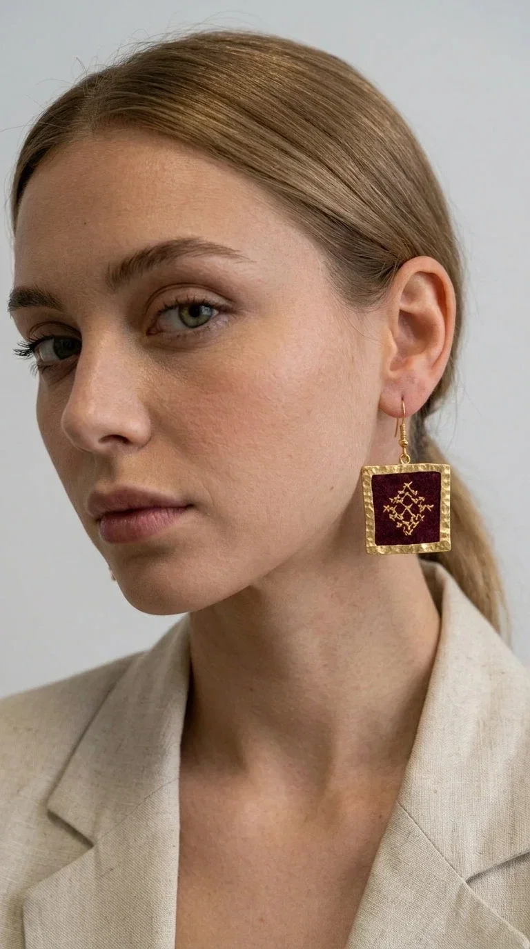 , Embroidered statement earrings in deep burgundy are the ideal choice for every woman looking for jewelry with character and a unique aesthetic. With a square shape and delicate geometric embroidered details in gold, they combine the traditional art of embroidery with a completely modern result — creating a piece of jewelry that stands out.

Designed by Greek Jewelry Designer Aikaterini Chalkiadaki, these handmade earrings are crafted from brass and embroidered fabric, achieving a beautiful combination of materials that evokes a folk aesthetic. The geometric motifs on the embroidered section exude folklore charm, while the golden brass metal frame gives structure and balance to the overall design.

The burgundy embroidered dangle earrings are perfect for evening and formal occasions, such as weddings, christenings and festive events, while also instantly elevating a casual look. The rich burgundy tone makes them especially flattering for all skin tones.