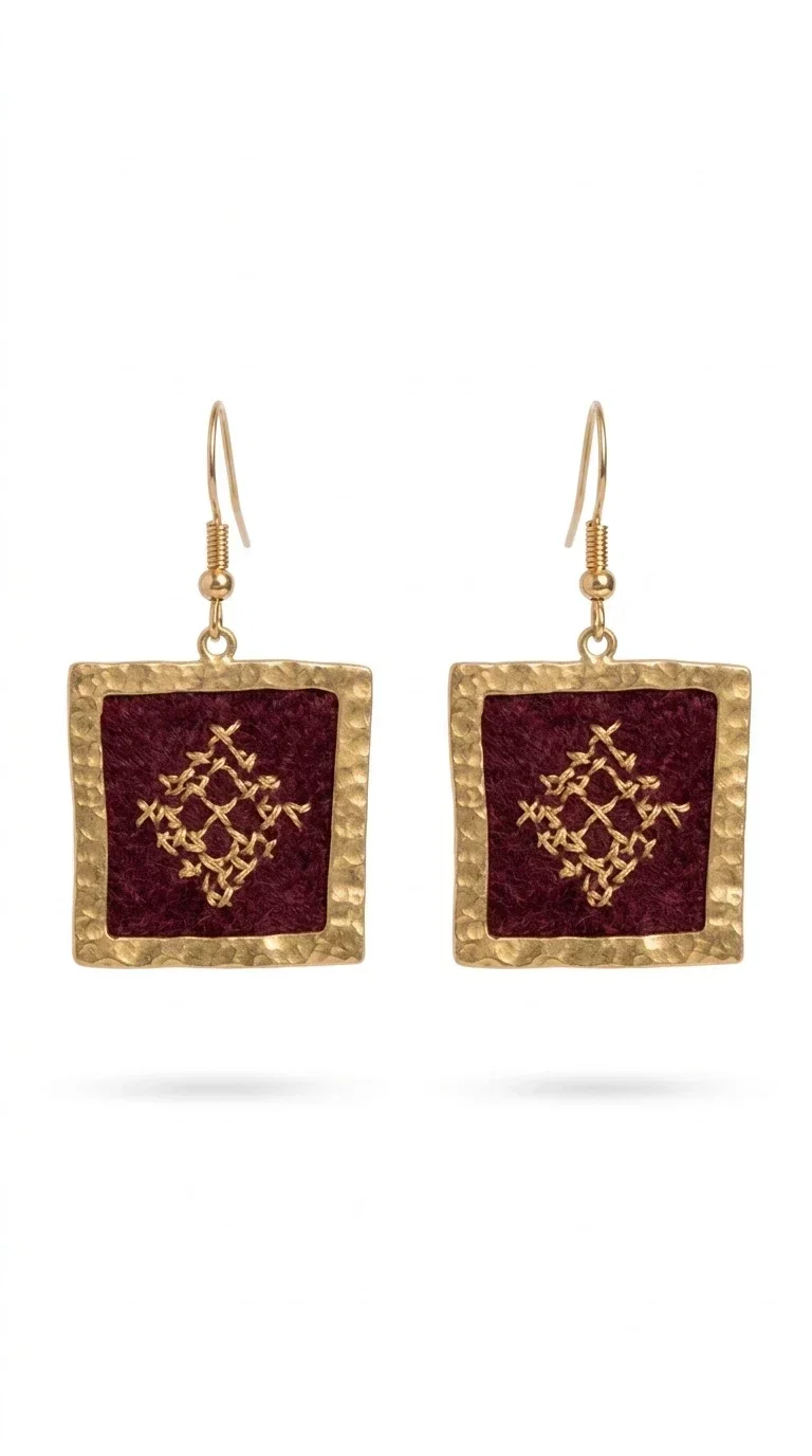 , Embroidered statement earrings in deep burgundy are the ideal choice for every woman looking for jewelry with character and a unique aesthetic. With a square shape and delicate geometric embroidered details in gold, they combine the traditional art of embroidery with a completely modern result — creating a piece of jewelry that stands out.

Designed by Greek Jewelry Designer Aikaterini Chalkiadaki, these handmade earrings are crafted from brass and embroidered fabric, achieving a beautiful combination of materials that evokes a folk aesthetic. The geometric motifs on the embroidered section exude folklore charm, while the golden brass metal frame gives structure and balance to the overall design.

The burgundy embroidered dangle earrings are perfect for evening and formal occasions, such as weddings, christenings and festive events, while also instantly elevating a casual look. The rich burgundy tone makes them especially flattering for all skin tones.