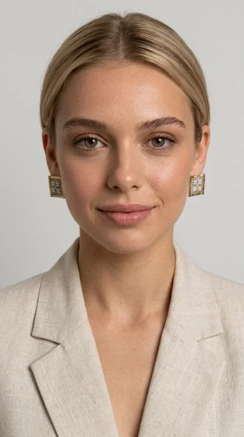 , The embroidered statement earrings with geometric patterns in a cream shade are the ideal choice for those seeking an accessory with character and handmade finesse. With a square shape and detailed embroidery covering their entire surface, they form a unique piece of jewelry that combines traditional techniques with a contemporary aesthetic.

Designed by Greek Jewelry Designer Aikaterini Chalkiadaki, these handmade earrings are crafted from brass and fabric, creating a striking combination of materials. The geometric embroidery in cream tones gives off a warm, boho-chic vibe that suits both casual and formal looks alike — from an everyday stroll to a wedding or christening.

These square-shaped stud earrings sit comfortably on the ear and allow for hair-up styling, as shown in the image, fully highlighting their elegant geometry. Ideal as a gift for women who appreciate unique, handmade jewelry of Greek design.