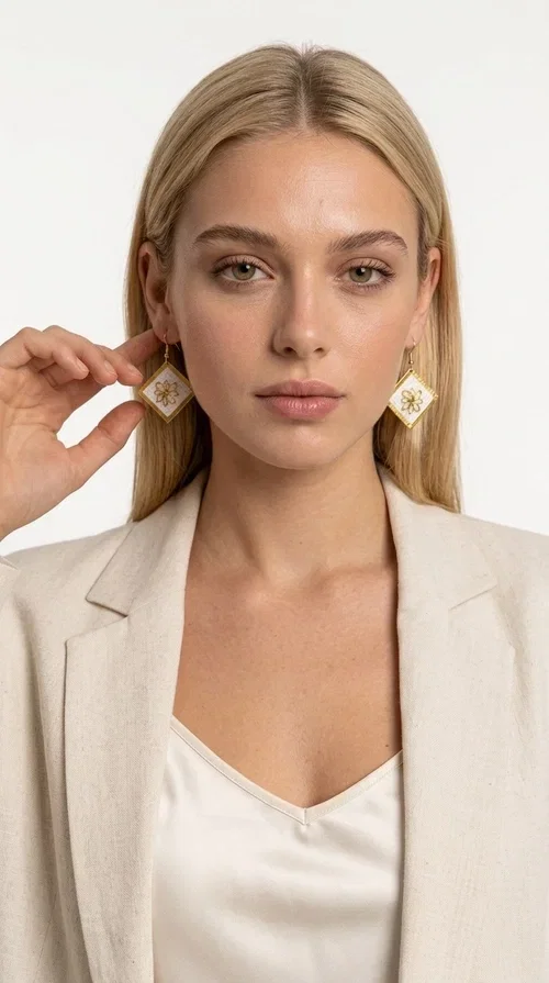 , The embroidered statement earrings with geometric patterns in white and gold are the perfect choice for those seeking a piece of jewelry that combines folk art with contemporary design. Designed by Greek Jewelry Designer Aikaterini Chalkiadaki, these handmade dangle earrings impress with their geometric diamond shape and the embroidered floral decoration at their center.

Made of brass and fabric, they feature a gold frame surrounding a white embroidered section with a raised floral motif — a detail that evokes traditional Greek embroidery art. They hang from a gold hoop, creating an elegant yet striking result. Ideal as earrings for a wedding, christening or any formal event, but also as a boho statement piece for casual looks.