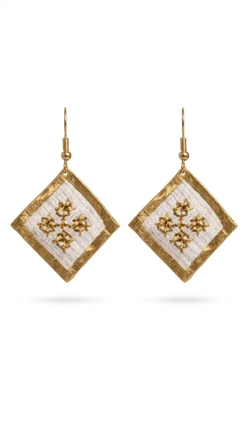 , The embroidered statement earrings with geometric patterns in white and gold are the ideal choice for those seeking a piece of jewelry that combines traditional artistry with contemporary style. Designed by Greek Jewelry Designer Aikaterini Chalkiadaki, these handmade earrings represent a distinctive expression of Greek creativity and craftsmanship.

Their diamond shape, adorned with delicate embroidered decoration on white fabric and gold detailing, evokes the rich tradition of Greek folk art. The combination of brass and fabric creates a piece of jewelry that is light to wear yet striking in presence — perfect for elevating any look, from casual outfits to formal occasions such as weddings or christenings.

These dangling earrings pair perfectly with linen and minimal clothing, adding a boho-ethnic touch of elegance. They also make an excellent gift choice for women who appreciate unique, handmade jewelry with a Greek identity.