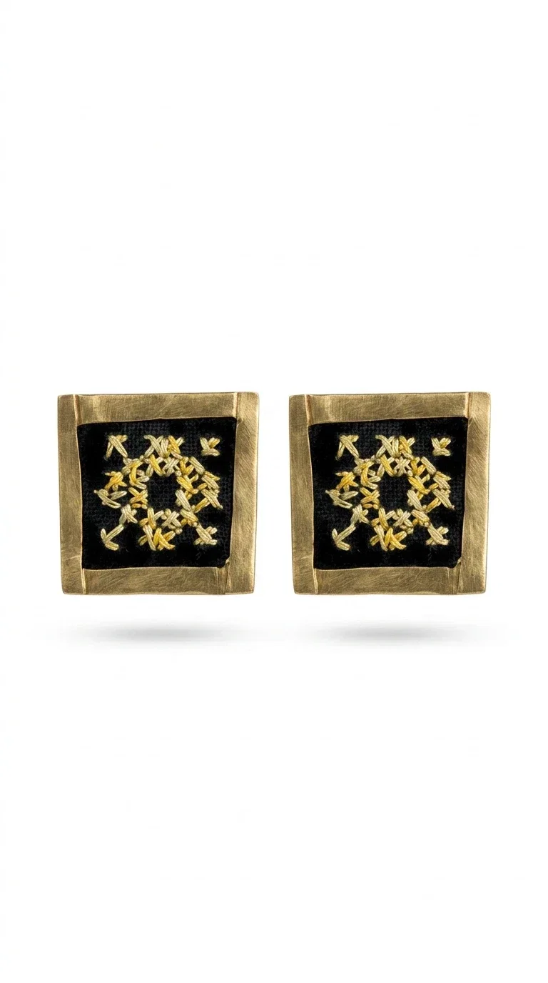 , The embroidered statement earrings with geometric patterns in black are the ideal choice for those seeking an accessory that combines folk tradition with modern aesthetics. Designed by Greek Jewelry Designer Aikaterini Chalkiadaki, these handmade earrings are a small wearable work of art.

Each pair is made of brass and fabric, with embroidered motifs inspired by Greek folk art. Their square, flat shape and golden geometric patterns set against a black background create a striking visual contrast, making them stand out in any look. These stud earrings suit both casual and formal outfits equally well.

Wear them with a simple everyday look to instantly elevate it, or choose them for a wedding, an evening out, or a professional event. They also make a wonderful gift idea for women who appreciate handmade jewelry with character.