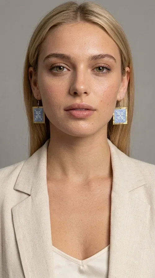 , Embroidered statement earrings in light blue are the ideal choice for anyone who wants to add a touch of color and personality to their everyday or evening look. With a square shape and geometric embroidered motifs inspired by folk tradition, these earrings combine a handmade aesthetic with a modern, boho-folk style. Designed by Greek Jewelry Designer Aikaterini Chalkiadaki, they are a unique piece that carries the soul of Greek craftsmanship.

Made from brass and fabric, the earrings feature a golden metallic frame surrounding a light blue embroidered panel with white geometric details. The combination of materials creates a lightweight piece that is comfortable to wear, even after hours of use. Their square shape and folklore motif make them ideal for women looking for striking earrings with character.

They pair beautifully with casual summer looks, linen outfits, boho dresses, as well as more formal appearances at weddings or christenings. The light blue palette makes them perfect for spring and summer, while their geometric motifs also make them suitable for winter events.
