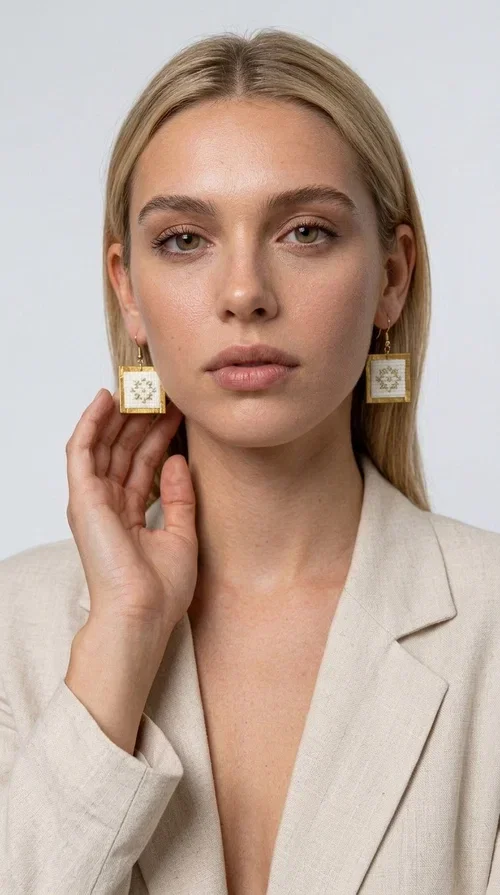 , Embroidered statement earrings with geometric patterns in white are a bold choice for every woman who loves handmade jewelry with character and style. Designed by Greek Jewelry Designer Aikaterini Chalkiadaki, these striking earrings combine the traditional art of embroidery with a modern, geometric aesthetic that stands out.

Made from brass and fabric, the earrings feature a square shape with a gold-toned brass metal frame surrounding a finely embroidered white center adorned with floral and geometric motifs. The result is an accessory that evokes Greek folk tradition while fitting seamlessly into a modern, everyday or festive style.

Ideal for weddings, christenings, nights out, or even to elevate a simple office look, these earrings pair beautifully with linen, boho, or minimal outfits. The white palette makes them versatile and timeless.