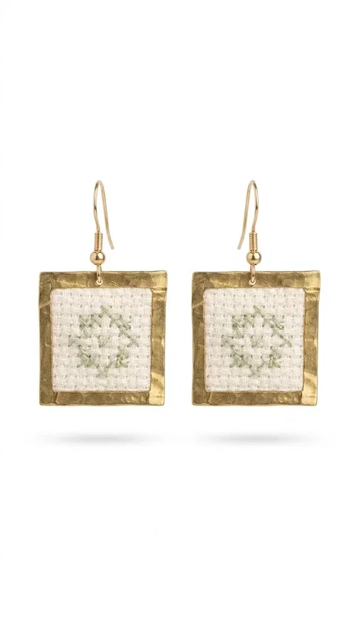 , Embroidered statement earrings with geometric patterns in white are a bold choice for every woman who loves handmade jewelry with character and style. Designed by Greek Jewelry Designer Aikaterini Chalkiadaki, these striking earrings combine the traditional art of embroidery with a modern, geometric aesthetic that stands out.

Made from brass and fabric, the earrings feature a square shape with a gold-toned brass metal frame surrounding a finely embroidered white center adorned with floral and geometric motifs. The result is an accessory that evokes Greek folk tradition while fitting seamlessly into a modern, everyday or festive style.

Ideal for weddings, christenings, nights out, or even to elevate a simple office look, these earrings pair beautifully with linen, boho, or minimal outfits. The white palette makes them versatile and timeless.