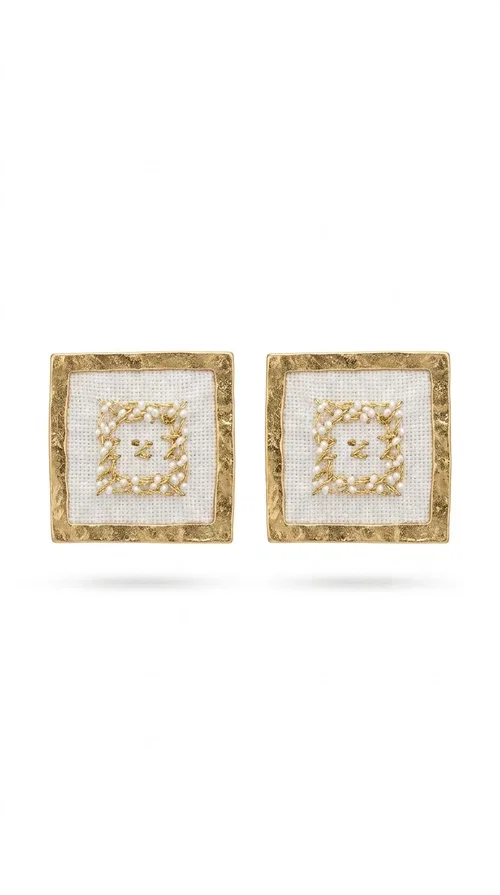 , Embroidered statement earrings with geometric patterns are the ideal choice for those seeking an accessory that combines folk tradition with a modern, minimalist aesthetic. Designed by Greek Jewelry Designer Aikaterini Chalkiadaki, these handmade stud earrings are a tribute to craftsmanship and Greek creativity.

Made from brass and fabric, the earrings feature a square shape on a white background with gold embroidery forming geometric motifs inspired by folk tradition. The result is a jewelry piece with strong character, lightweight to wear and particularly striking in appearance — ideal for both casual outfits and more formal occasions such as weddings, christenings, or professional events.

They pair perfectly with white, beige, or earth-tone clothing, while their square shape adds a modern, geometric element that elevates any look. A perfect gift for women who appreciate handmade jewelry with a Greek soul.