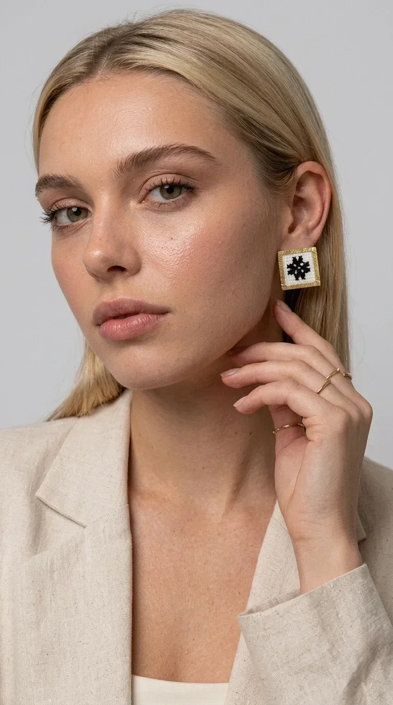 , Embroidered statement earrings with geometric patterns are the ideal choice for those seeking an accessory that combines folk tradition with contemporary style. Designed by Greek Jewelry Designer Aikaterini Chalkiadaki, they are handmade jewelry pieces that highlight the charm of folklore aesthetics in a striking and timeless way.

Each pair features a square shape with a gold brass frame and finely worked embroidery in white and black, forming a geometric snowflake-inspired motif drawn from traditional Greek art. The result is a stud earring that immediately catches the eye, without being overly heavy or bulky — ideal for both everyday and formal wear.

They pair perfectly with casual looks and linen outfits, as well as with formal appearances at weddings, christenings, or summer events. The simplicity of their design makes them versatile, while the embroidery gives them a unique, artisan character.