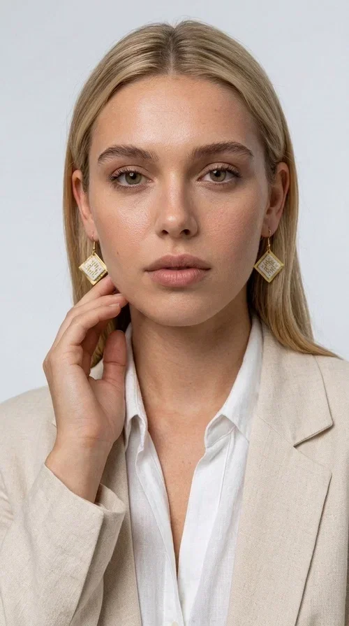 , Embroidered statement earrings with geometric patterns are the ideal choice for every woman who wants to add a folk-chic touch to her look. Designed by Greek Jewelry Designer Aikaterini Chalkiadaki, these handmade earrings combine the tradition of embroidery art with a modern, geometric aesthetic that stands out.

Their diamond shape in white fabric with gold embroidery details and a gold brass frame creates a result that is both elegant and striking. They hang lightly from a gold hook, gently touching the neck and adding movement with every step. Ideal for both everyday wear and special occasions, they pair beautifully with linen and boho outfits, summer dresses, as well as casual-chic looks all year round.