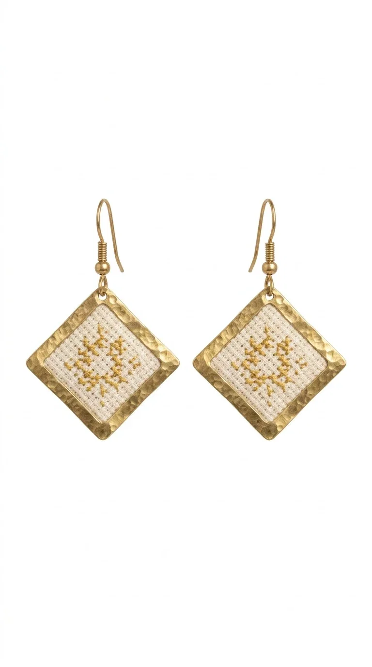 , Embroidered statement earrings with geometric patterns are the ideal choice for every woman who wants to add a folk-chic touch to her look. Designed by Greek Jewelry Designer Aikaterini Chalkiadaki, these handmade earrings combine the tradition of embroidery art with a modern, geometric aesthetic that stands out.

Their diamond shape in white fabric with gold embroidery details and a gold brass frame creates a result that is both elegant and striking. They hang lightly from a gold hook, gently touching the neck and adding movement with every step. Ideal for both everyday wear and special occasions, they pair beautifully with linen and boho outfits, summer dresses, as well as casual-chic looks all year round.