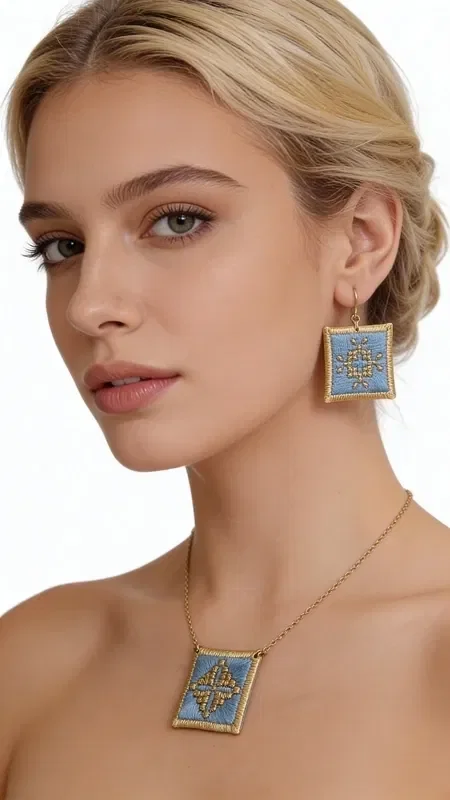 , The statement earrings with embroidered geometric patterns in light blue will become your favorite accessory for every special occasion. Designed by Greek Jewelry Designer Aikaterini Chalkiadaki, these striking handmade earrings combine the traditional art of embroidery with contemporary design.

The gold thread in a soft light blue shade creates a unique geometric motif that adds elegance and style to every look. These embroidered earrings have a square shape and medium size, ideal for making a statement without being overly heavy. Their detailed craftsmanship and folklore design make them special for evening outings, special events, or even bridal looks. Care for your earrings by storing them in a dry place and avoiding contact with water or chemical products to preserve their color.