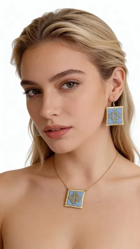 , The statement earrings with embroidered geometric patterns in light blue will become your favorite accessory for every special occasion. Designed by Greek Jewelry Designer Aikaterini Chalkiadaki, these striking handmade earrings combine the traditional art of embroidery with contemporary design.

The gold thread in a soft light blue shade creates a unique geometric motif that adds elegance and style to every look. These embroidered earrings have a square shape and medium size, ideal for making a statement without being overly heavy. Their detailed craftsmanship and folklore design make them special for evening outings, special events, or even bridal looks. Care for your earrings by storing them in a dry place and avoiding contact with water or chemical products to preserve their color.