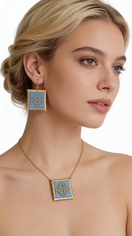 , The statement earrings with embroidered geometric patterns in light blue will become your favorite accessory for every special occasion. Designed by Greek Jewelry Designer Aikaterini Chalkiadaki, these striking handmade earrings combine the traditional art of embroidery with contemporary design.

The gold thread in a soft light blue shade creates a unique geometric motif that adds elegance and style to every look. These embroidered earrings have a square shape and medium size, ideal for making a statement without being overly heavy. Their detailed craftsmanship and folklore design make them special for evening outings, special events, or even bridal looks. Care for your earrings by storing them in a dry place and avoiding contact with water or chemical products to preserve their color.