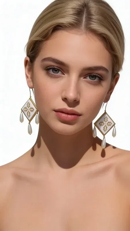 , These striking embroidered statement earrings, featuring geometric designs in gold thread on a white base, are the perfect choice for any woman who wants to stand out. Designed by Greek Jewelry Designer Aikaterini Chalkiadaki, these handmade pieces combine the traditional art of embroidery with a modern aesthetic.

Each earring features an embroidered diamond-shaped motif with detailed geometric patterns in gold thread, while three elegant teardrop-shaped pearls hang beneath the central element, creating movement that adds liveliness and elegance. The white color of the pearls contrasts beautifully with the gold details.

These eye-catching earrings are ideal for weddings, evening outings and special occasions, adding a touch of boho elegance to any look.

Store them in a dry place and avoid contact with moisture to preserve their beauty.