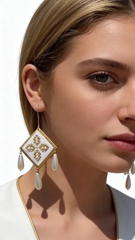 , These striking embroidered statement earrings, featuring geometric designs in gold thread on a white base, are the perfect choice for any woman who wants to stand out. Designed by Greek Jewelry Designer Aikaterini Chalkiadaki, these handmade pieces combine the traditional art of embroidery with a modern aesthetic.

Each earring features an embroidered diamond-shaped motif with detailed geometric patterns in gold thread, while three elegant teardrop-shaped pearls hang beneath the central element, creating movement that adds liveliness and elegance. The white color of the pearls contrasts beautifully with the gold details.

These eye-catching earrings are ideal for weddings, evening outings and special occasions, adding a touch of boho elegance to any look.

Store them in a dry place and avoid contact with moisture to preserve their beauty.