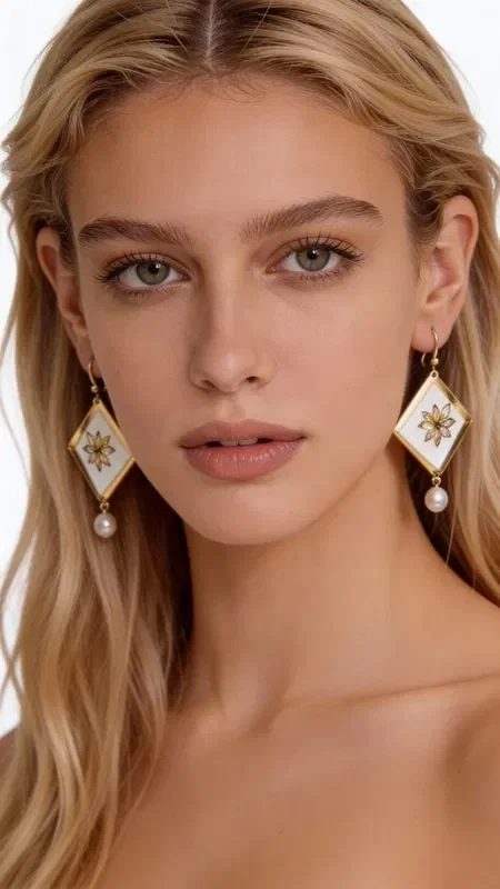 , Discover the magic of embroidered statement earrings with geometric patterns, a work of art designed by Greek Jewelry Designer Aikaterini Chalkiadaki. These striking handmade earrings combine white elegance with golden details, creating a unique piece of jewelry that stands out.

Each earring is adorned with geometric embroidery in gold thread on a white base, finished with an elegant pearl hanging at the bottom. The diamond shape with the gold star-like decoration gives it a modern aesthetic, making it ideal for special moments and formal occasions.

These striking dangle earrings are the perfect choice for women who love original handmade jewelry. Pair them with classic or modern outfits for a look that will steal the show.

Care for them gently with a dry cloth and store them in a dry place to preserve their shine.