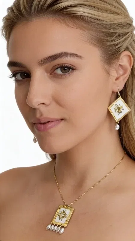 , Discover the magic of embroidered statement earrings with geometric patterns, a work of art designed by Greek Jewelry Designer Aikaterini Chalkiadaki. These striking handmade earrings combine white elegance with golden details, creating a unique piece of jewelry that stands out.

Each earring is adorned with geometric embroidery in gold thread on a white base, finished with an elegant pearl hanging at the bottom. The diamond shape with the gold star-like decoration gives it a modern aesthetic, making it ideal for special moments and formal occasions.

These striking dangle earrings are the perfect choice for women who love original handmade jewelry. Pair them with classic or modern outfits for a look that will steal the show.

Care for them gently with a dry cloth and store them in a dry place to preserve their shine.