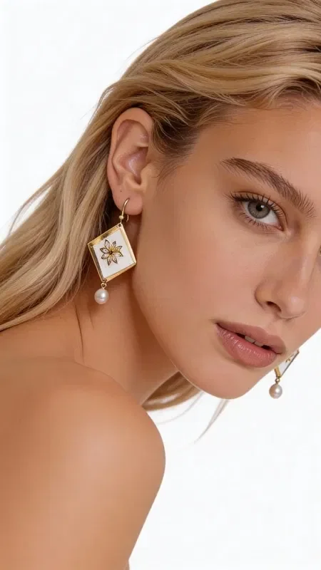 , Discover the magic of embroidered statement earrings with geometric patterns, a work of art designed by Greek Jewelry Designer Aikaterini Chalkiadaki. These striking handmade earrings combine white elegance with golden details, creating a unique piece of jewelry that stands out.

Each earring is adorned with geometric embroidery in gold thread on a white base, finished with an elegant pearl hanging at the bottom. The diamond shape with the gold star-like decoration gives it a modern aesthetic, making it ideal for special moments and formal occasions.

These striking dangle earrings are the perfect choice for women who love original handmade jewelry. Pair them with classic or modern outfits for a look that will steal the show.

Care for them gently with a dry cloth and store them in a dry place to preserve their shine.