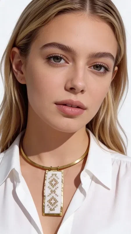 , Discover the art of embroidery in jewelry with this exceptional embroidered white necklace that combines traditional technique with contemporary design. Designed by Greek Jewelry Designer Aikaterini Chalkiadaki, this unique piece features geometric patterns embroidered with gold thread on white fabric, creating a striking contrast that catches the eye.

The statement necklace features a square pendant surface that proudly showcases the handmade geometric motifs, complemented by a gold metal brass collar that adds elegance and stability. The white base with gold thread creates a perfect combination that pairs ideally with summer outfits and bohemian style.

Ideal for both day and evening looks, this embroidered necklace adds an artistic character to your style. It is easy to maintain with gentle cleaning and storage in a dry environment.