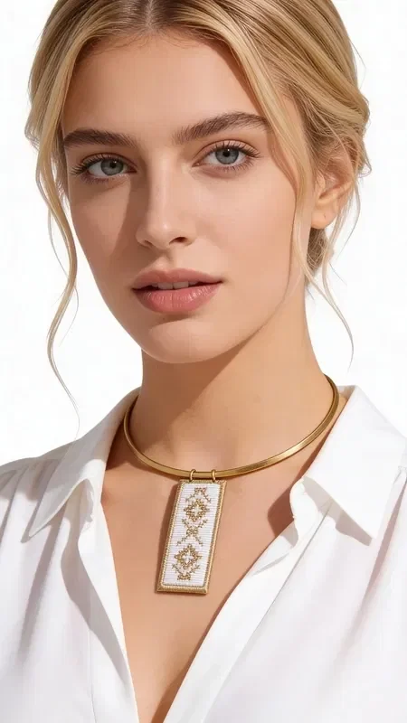 , Discover the art of embroidery in jewelry with this exceptional embroidered white necklace that combines traditional technique with contemporary design. Designed by Greek Jewelry Designer Aikaterini Chalkiadaki, this unique piece features geometric patterns embroidered with gold thread on white fabric, creating a striking contrast that catches the eye.

The statement necklace features a square pendant surface that proudly showcases the handmade geometric motifs, complemented by a gold metal brass collar that adds elegance and stability. The white base with gold thread creates a perfect combination that pairs ideally with summer outfits and bohemian style.

Ideal for both day and evening looks, this embroidered necklace adds an artistic character to your style. It is easy to maintain with gentle cleaning and storage in a dry environment.