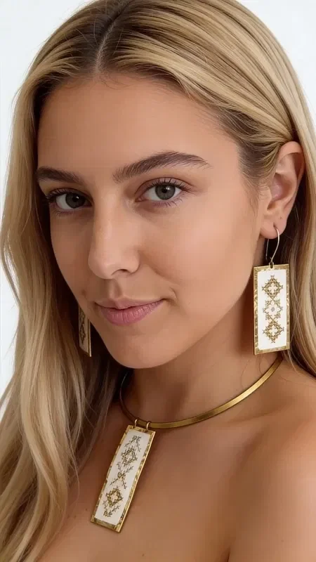 , Discover the art of embroidery in jewelry with this exceptional embroidered white necklace that combines traditional technique with contemporary design. Designed by Greek Jewelry Designer Aikaterini Chalkiadaki, this unique piece features geometric patterns embroidered with gold thread on white fabric, creating a striking contrast that catches the eye.

The statement necklace features a square pendant surface that proudly showcases the handmade geometric motifs, complemented by a gold metal brass collar that adds elegance and stability. The white base with gold thread creates a perfect combination that pairs ideally with summer outfits and bohemian style.

Ideal for both day and evening looks, this embroidered necklace adds an artistic character to your style. It is easy to maintain with gentle cleaning and storage in a dry environment.