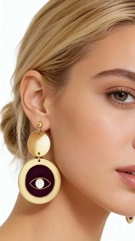 , Discover the magic of the evil eye with these striking handmade earrings that combine traditional protection with modern style. Each pair of evil eye earrings, designed by Greek Jewelry Designer Aikaterini Chalkiadaki, is a unique creation that unites contemporary aesthetics with ancient Greek tradition.

These dangle earrings feature two elegant golden-toned wooden circles, with the lower part showcasing a striking evil eye in deep purple with a white pearl at its center. The geometric composition and color contrast create a statement piece of jewelry that is sure to turn heads.