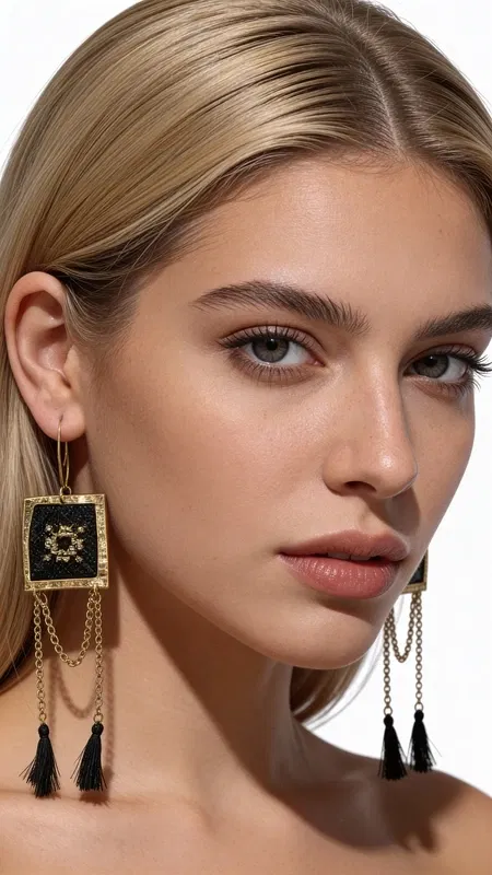 , These stunning statement drop earrings showcase the perfect fusion of traditional Greek embroidery art and contemporary jewelry design. Each earring features a meticulously hand-embroidered black textile panel adorned with intricate geometric motifs stitched in luminous gold thread, creating a captivating interplay of light and shadow.
The exquisite embroidered fabric is elegantly framed in solid brass, highlighting the architectural beauty of the traditional kentima patterns. Delicate brass chains cascade gracefully from the geometric centerpiece, culminating in luxurious black silk tassels that dance with every movement. This sophisticated design creates dramatic length and movement, making these earrings true conversation pieces.
Drawing inspiration from centuries-old Greek folk art traditions, these earrings celebrate the timeless beauty of hand-stitched craftsmanship while embracing bold, contemporary style. The rich contrast between the deep black textile and gleaming gold threadwork creates an elegant vintage aesthetic with modern appeal.
Perfect for elevating evening wear or adding dramatic flair to special occasions, these statement earrings pair beautifully with both classic and contemporary styles. The substantial length and striking design make them ideal for those who love to make a bold fashion statement.
Care Instructions:
Store flat in provided jewelry box. Avoid contact with water, perfumes, and chemicals. Gently clean brass with soft cloth.