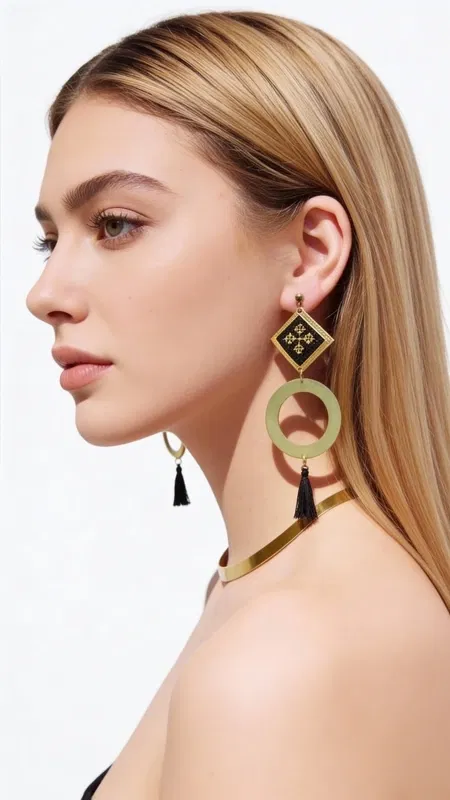 , Make a statement with these stunning geometric drop earrings that beautifully blend traditional Greek folk art with contemporary design. Each earring features an intricately embroidered black textile panel adorned with geometric motifs rendered in gleaming gold thread, creating a sophisticated contrast that catches the light with every movement.
The masterful craftsmanship showcases hand-stitched chrysoklosti (gold thread) detailing, with each geometric pattern meticulously embroidered onto rich black fabric. This textile artistry is elegantly framed in a solid brass diamond-shaped setting, which flows seamlessly into a circular brass element. The design culminates in a luxurious black tassel that adds movement and texture, creating an impressive statement piece that measures approximately 3-4 inches in length.
Inspired by the rich heritage of Greek embroidery traditions, these earrings celebrate the timeless art of kentima while offering a thoroughly modern interpretation for today's sophisticated woman.
These versatile statement pieces transition effortlessly from day to evening wear, adding artistic flair to both casual and formal ensembles. Perfect for the woman who appreciates handcrafted artistry and wants to make a memorable impression.
Care Instructions:
Store flat to prevent tangling. Clean brass elements with a soft cloth. Keep embroidered textiles dry and handle gently to preserve intricate stitching.