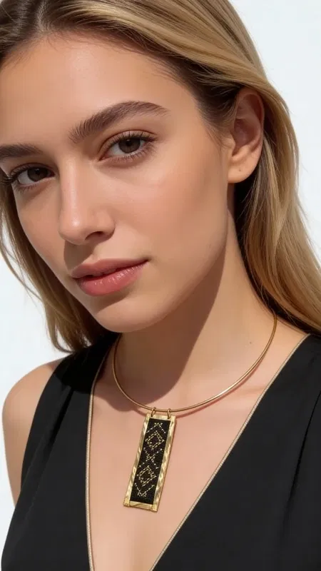 , This striking statement pendant necklace showcases the perfect fusion of traditional Greek textile art and contemporary jewelry design. The centerpiece features intricate geometric embroidery rendered in lustrous gold thread against rich black fabric, creating a captivating contrast that catches light beautifully. The rectangular pendant is elegantly framed in solid brass, highlighting the meticulous handcrafted embroidery within.
The geometric pattern reflects centuries-old Greek folk art traditions, with golden chrysoklosti thread work that demonstrates exceptional attention to detail. Each stitch tells a story of heritage craftsmanship, while the modern brass framework gives the piece contemporary appeal. The substantial yet comfortable chain ensures the pendant sits perfectly at the neckline, creating an elegant focal point.
This piece celebrates the timeless art of Greek embroidery, reimagined for the modern woman who appreciates authentic handmade artistry and cultural heritage.
Versatile enough for both professional settings and evening occasions, this necklace transforms any outfit into a sophisticated ensemble. The rich black and gold color palette complements both neutral tones and bold colors effortlessly.
Care Instructions:
Store flat in a dry place. Clean brass gently with soft cloth. Avoid moisture contact with embroidered textile.