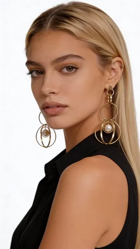 , Impressive long pearl earrings that combine elegance with a modern aesthetic. These statement dangle earrings, designed by Greek Jewelry Designer Aikaterini Chalkiadaki, are the ideal choice for creating an unforgettable look.

The earrings feature an original design with gold-tone hoops that create an elegant movement, while the white pearls add a touch of classic elegance. Their impressive shape and length make them ideal for special occasions, weddings and formal events.

The handmade construction and careful selection of materials ensure superior quality and durability. These modern dangle earrings pair perfectly with evening looks and can transform even the simplest outfit.

Store in a dry place and clean with a soft cloth to preserve their shine.