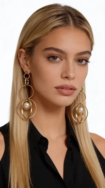 , Impressive long pearl earrings that combine elegance with a modern aesthetic. These statement dangle earrings, designed by Greek Jewelry Designer Aikaterini Chalkiadaki, are the ideal choice for creating an unforgettable look.

The earrings feature an original design with gold-tone hoops that create an elegant movement, while the white pearls add a touch of classic elegance. Their impressive shape and length make them ideal for special occasions, weddings and formal events.

The handmade construction and careful selection of materials ensure superior quality and durability. These modern dangle earrings pair perfectly with evening looks and can transform even the simplest outfit.

Store in a dry place and clean with a soft cloth to preserve their shine.